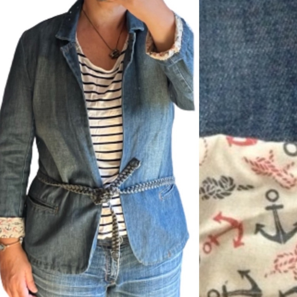 Nautical denim jean jacket blazer w/ nautical print lining.